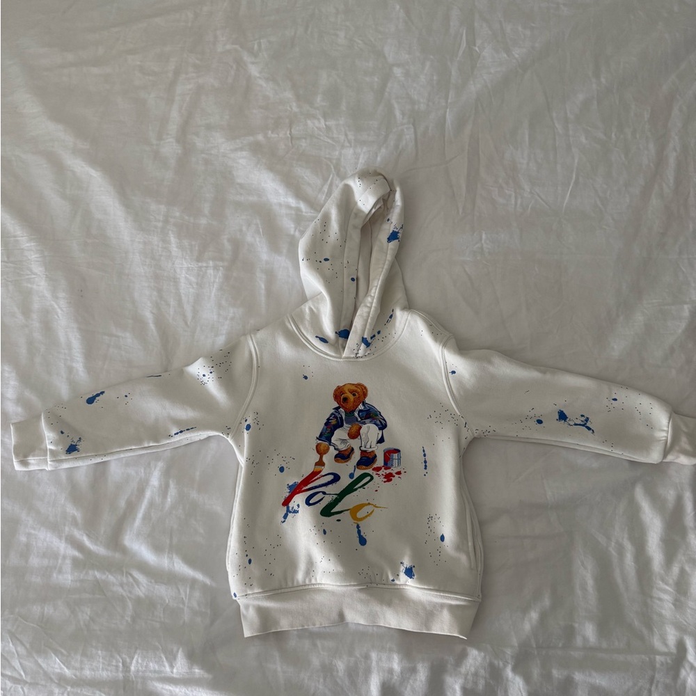 Polo by Ralph Lauren White Hoodie with Blue Paint-Splash Accents